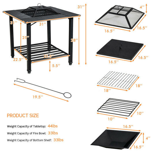 31 Inch Outdoor Fire Pit Dining Table with Cooking BBQ Grate - Color: Black