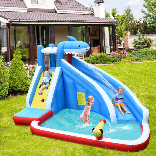 4-in-1 Inflatable Water Slide Park with Long Slide and 735W Blower - Color: Blue