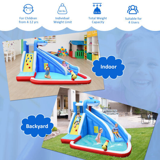 4-in-1 Inflatable Water Slide Park with Long Slide and 735W Blower - Color: Blue