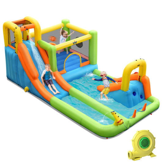 8-in-1 Inflatable Water Slide Bounce House with Splash Pool and 735W Blower - Color: Blue