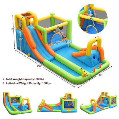 8-in-1 Inflatable Water Slide Bounce House with Splash Pool and 735W Blower - Color: Blue