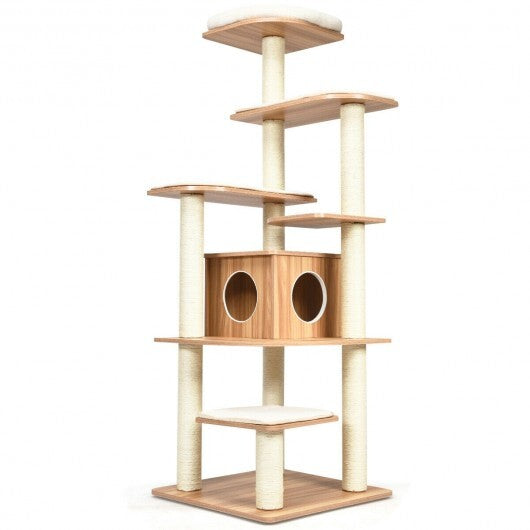 7-Layer Wooden Cat Tree Tall Cat Tower with Sisal Posts and Condo-Natural - Color: Natural