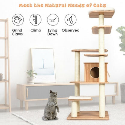 7-Layer Wooden Cat Tree Tall Cat Tower with Sisal Posts and Condo-Natural - Color: Natural