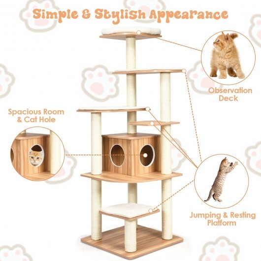 7-Layer Wooden Cat Tree Tall Cat Tower with Sisal Posts and Condo-Natural - Color: Natural