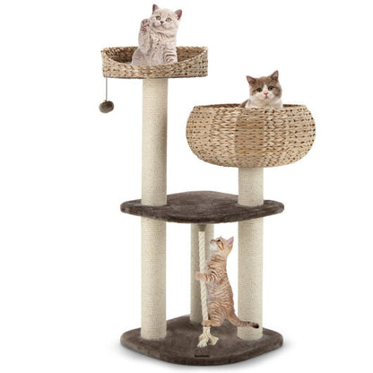 41 Inch Rattan Cat Tree with Napping Perch-Beige - Color: Beige