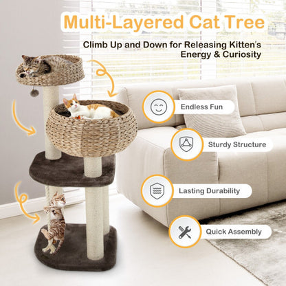 41 Inch Rattan Cat Tree with Napping Perch-Beige - Color: Beige