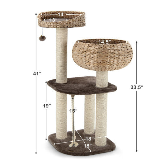 41 Inch Rattan Cat Tree with Napping Perch-Beige - Color: Beige