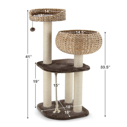 41 Inch Rattan Cat Tree with Napping Perch-Beige - Color: Beige