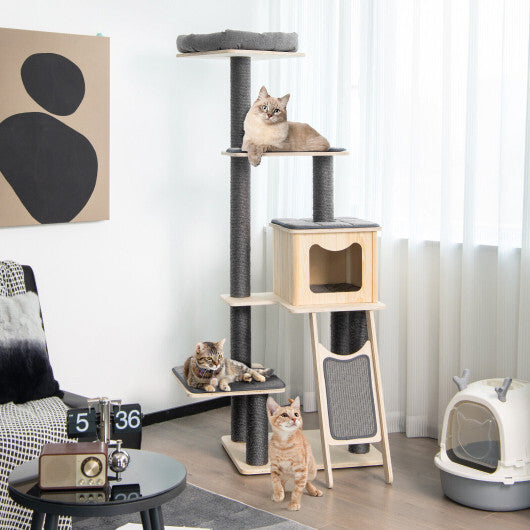 5-Tier Modern Wood Cat Tower with Washable Cushions-Gray - Color: Gray