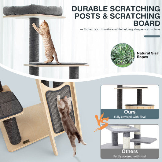 5-Tier Modern Wood Cat Tower with Washable Cushions-Gray - Color: Gray