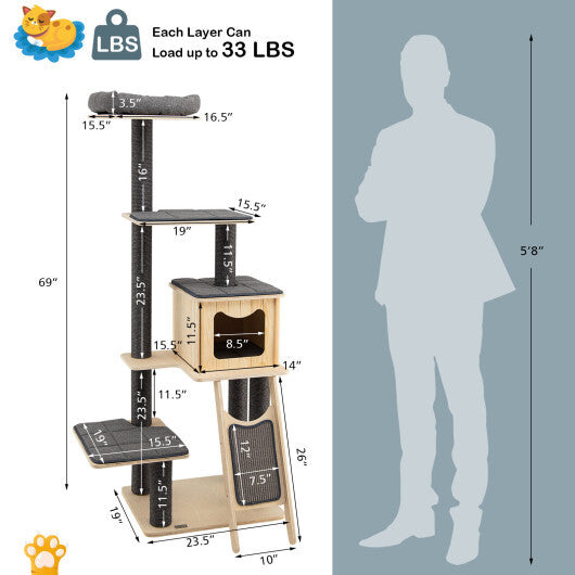 5-Tier Modern Wood Cat Tower with Washable Cushions-Gray - Color: Gray