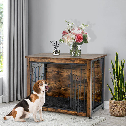 Wooden Dog Crate Furniture with Double Door and Tray-Brown - Color: Brown