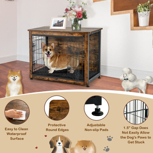 Wooden Dog Crate Furniture with Double Door and Tray-Brown - Color: Brown