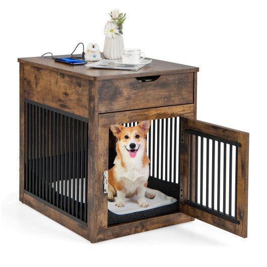 2-In-1 Dog House with Drawer and Wired Wireless Charging-Rustic Brown - Color: Rustic Brown