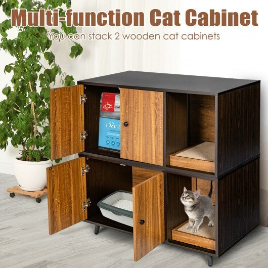 Cat Litter Box Enclosure with Divider and Double Doors-Coffee - Color: Brown