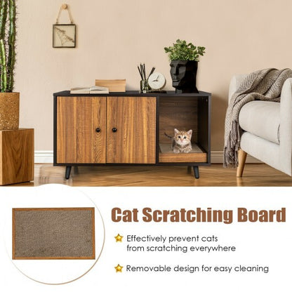 Cat Litter Box Enclosure with Divider and Double Doors-Coffee - Color: Brown