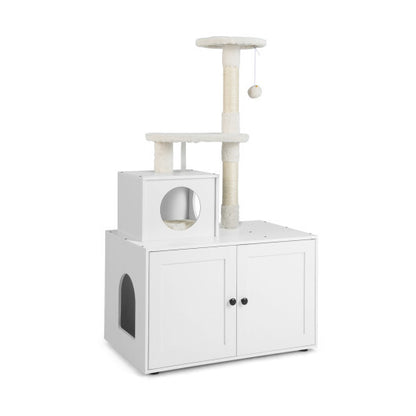 Cat Tree with Litter Box Enclosure with Cat Condo-White - Color: White