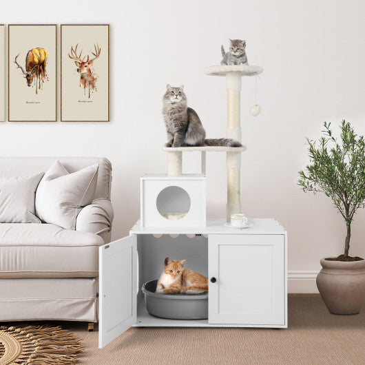 Cat Tree with Litter Box Enclosure with Cat Condo-White - Color: White