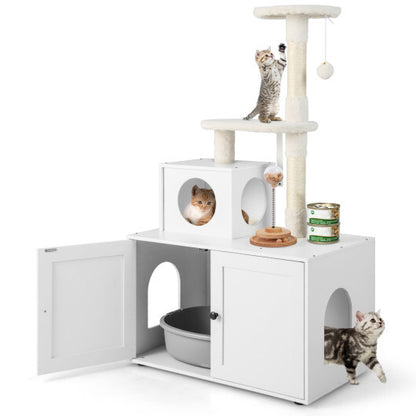 Cat Tree with Litter Box Enclosure with Cat Condo-White - Color: White