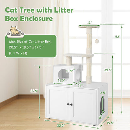 Cat Tree with Litter Box Enclosure with Cat Condo-White - Color: White