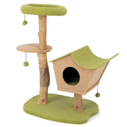 43 Inch Wooden Cat Tree with Padded Top Perch-Green - Color: Green