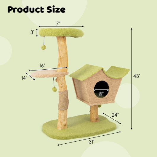 43 Inch Wooden Cat Tree with Padded Top Perch-Green - Color: Green