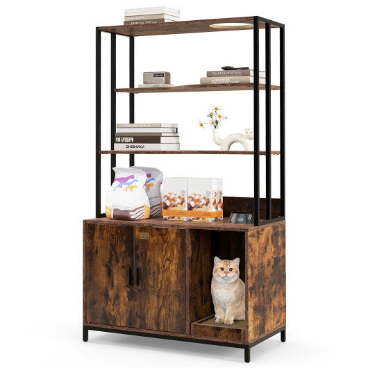 Cat Litter Box Enclosure with Storage and 3-tier Shelves-Rustic Brown - Color: Rustic Brown