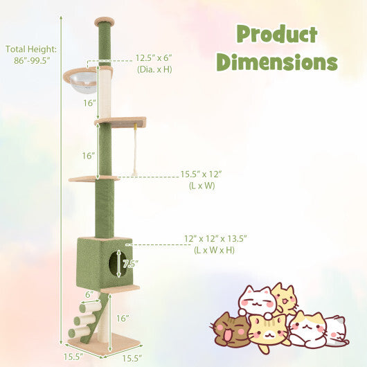 Floor to Ceiling Cat Tree with 86-99.5 Inch Adjustable Height and Extra Post-Green - Color: Green