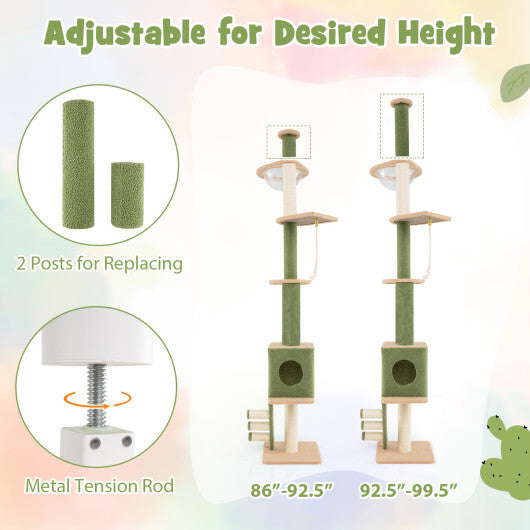 Floor to Ceiling Cat Tree with 86-99.5 Inch Adjustable Height and Extra Post-Green - Color: Green