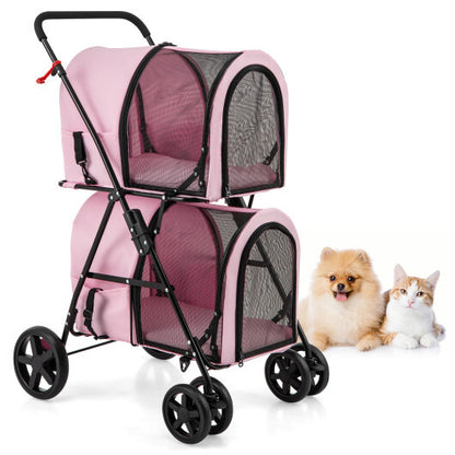 4-in-1 Double Pet Stroller with Detachable Carrier and Travel Carriage-Pink - Color: Pink