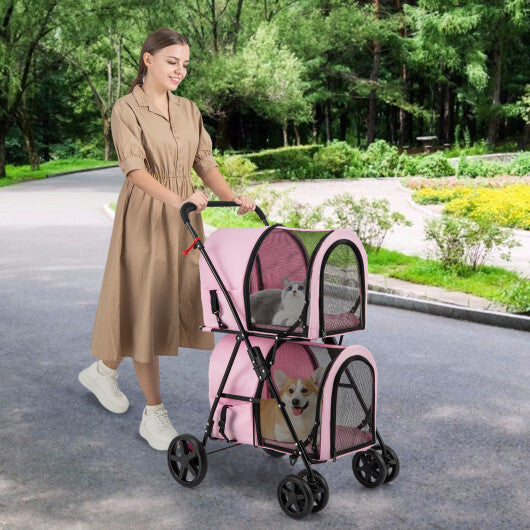 4-in-1 Double Pet Stroller with Detachable Carrier and Travel Carriage-Pink - Color: Pink