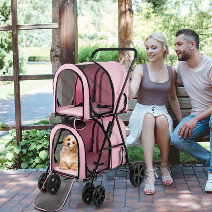 4-in-1 Double Pet Stroller with Detachable Carrier and Travel Carriage-Pink - Color: Pink