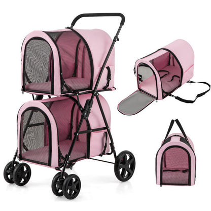 4-in-1 Double Pet Stroller with Detachable Carrier and Travel Carriage-Pink - Color: Pink