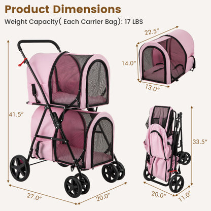 4-in-1 Double Pet Stroller with Detachable Carrier and Travel Carriage-Pink - Color: Pink