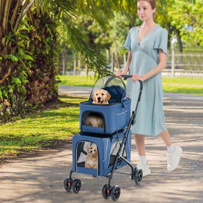 Double Pet Stroller Foldable 3-in-1 Dog Stroller with 2 Detachable Carriers-Blue - Color: Blue