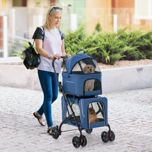 Double Pet Stroller Foldable 3-in-1 Dog Stroller with 2 Detachable Carriers-Blue - Color: Blue