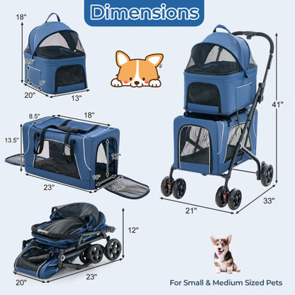 Double Pet Stroller Foldable 3-in-1 Dog Stroller with 2 Detachable Carriers-Blue - Color: Blue