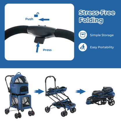 Double Pet Stroller Foldable 3-in-1 Dog Stroller with 2 Detachable Carriers-Blue - Color: Blue