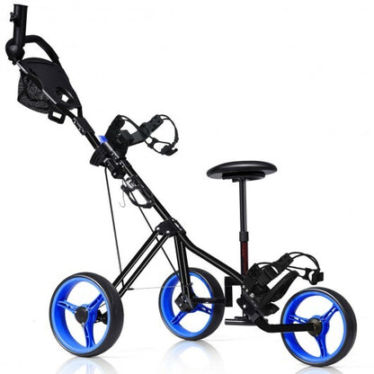 Foldable 3 Wheels Push Pull Golf Trolley with Scoreboard Bag-Navy - Color: Navy