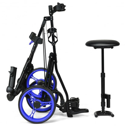 Foldable 3 Wheels Push Pull Golf Trolley with Scoreboard Bag-Navy - Color: Navy