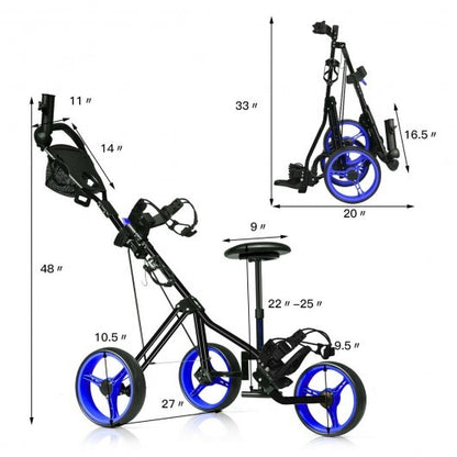 Foldable 3 Wheels Push Pull Golf Trolley with Scoreboard Bag-Navy - Color: Navy