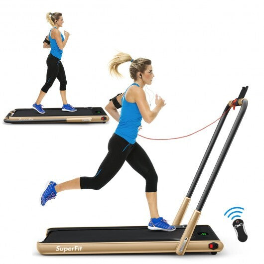 2-in-1 Folding Treadmill with Remote Control and LED Display-Golden - Color: Golden