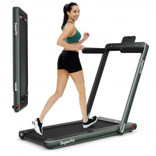 2-in-1 Electric Motorized Health and Fitness Folding Treadmill with Dual Display and Speaker-Green - Color: Green