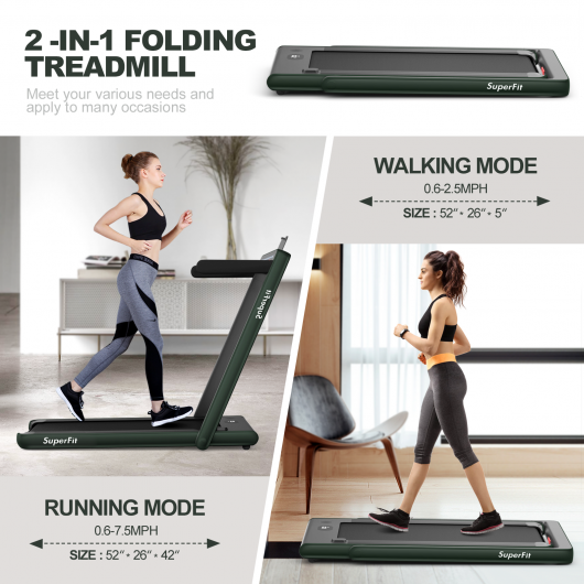 2-in-1 Electric Motorized Health and Fitness Folding Treadmill with Dual Display and Speaker-Green - Color: Green