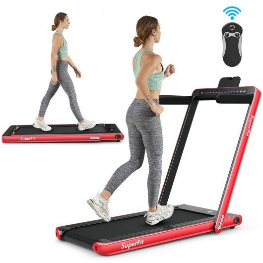 2-in-1 Electric Motorized Health and Fitness Folding Treadmill with Dual Display and Speaker-Red - Color: Red