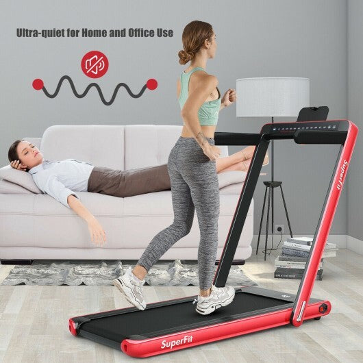 2-in-1 Electric Motorized Health and Fitness Folding Treadmill with Dual Display and Speaker-Red - Color: Red