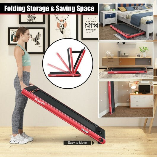 2-in-1 Electric Motorized Health and Fitness Folding Treadmill with Dual Display and Speaker-Red - Color: Red