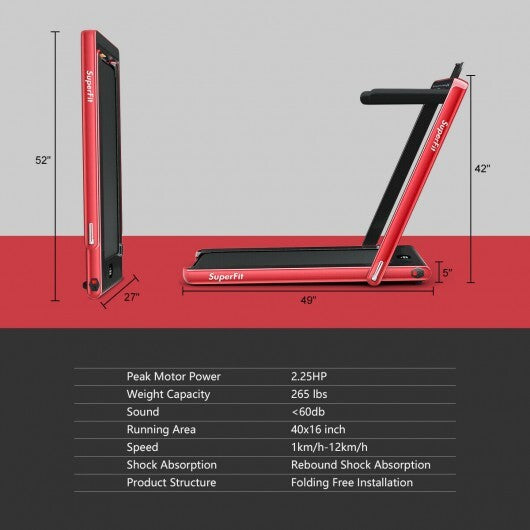 2-in-1 Electric Motorized Health and Fitness Folding Treadmill with Dual Display and Speaker-Red - Color: Red