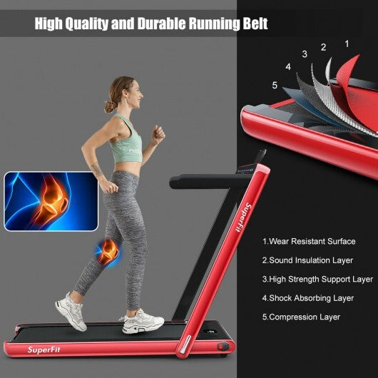 2-in-1 Electric Motorized Health and Fitness Folding Treadmill with Dual Display and Speaker-Red - Color: Red