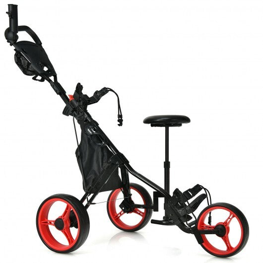 3 Wheels Folding Golf Push Cart with Seat Scoreboard and Adjustable Handle-Red - Color: Red